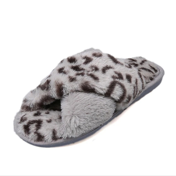 NWT NING Grey Leopard Animal Print Faux Fur House Slipper Slide Sandals 11-11.5 - Picture 7 of 7